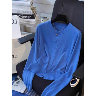 Klein Xanh Sang Trọng Cổ Tròn Dệt Kim Cardigan Nữ Xuân Thu Retro Cao Cấp Áo Len Ngắn Đáy Top C