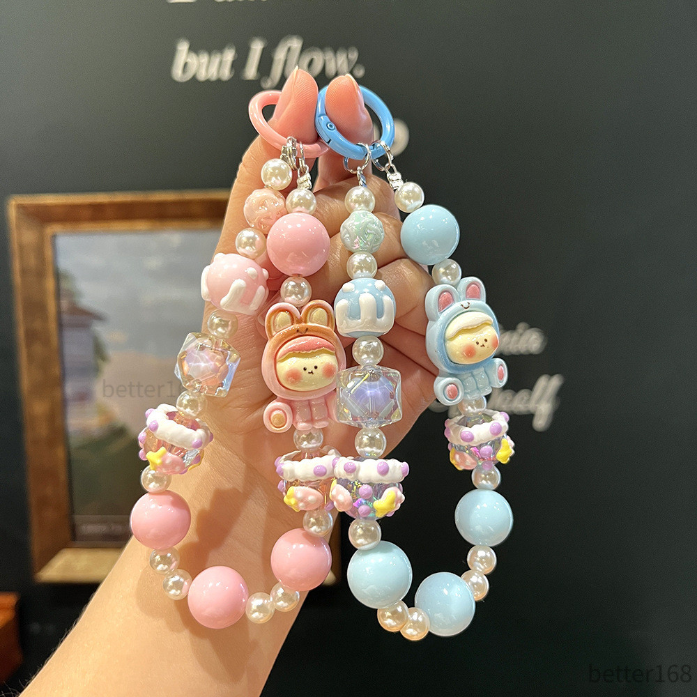 Dây đeo điện thoại hạt ngọc phi hành gia thỏ, móc khóa chống thất lạc, quà tặng cute cho bé trai bé gái