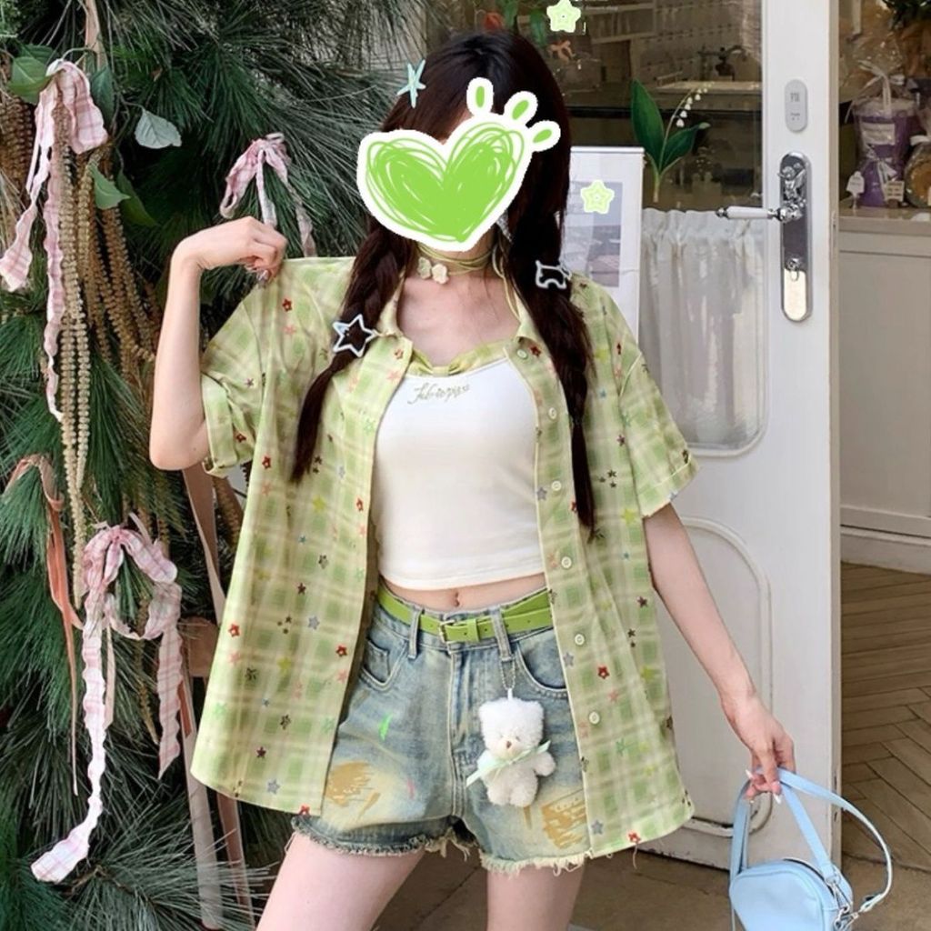 Áo sơ mi và áo khoác ngắn tay họa tiết ngôi sao, màu xanh lá, phù hợp mùa hè