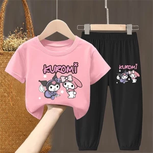 Bộ quần áo bé gái hoạt hình Kuromi Áo thun ngắn tay và quần dài Nhân vật dễ thương Trang phục thường ngày