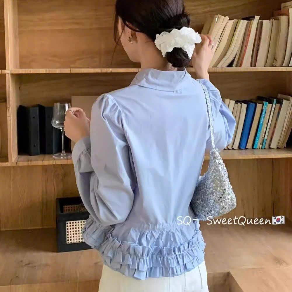 (HÀNG QCCC) Áo sơ mi nữ cổ sen tay bồng rút eo cách điệu phối bèo chất liệu thô cotton XIMIMI SP443