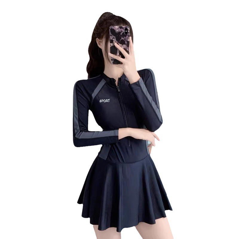 Phụ Nữ Dài Tay Một Mảnh Đồ Bơi Kiểm Soát Bụng Mỏng Bảo Thủ Tắm Phù Hợp Với Nữ