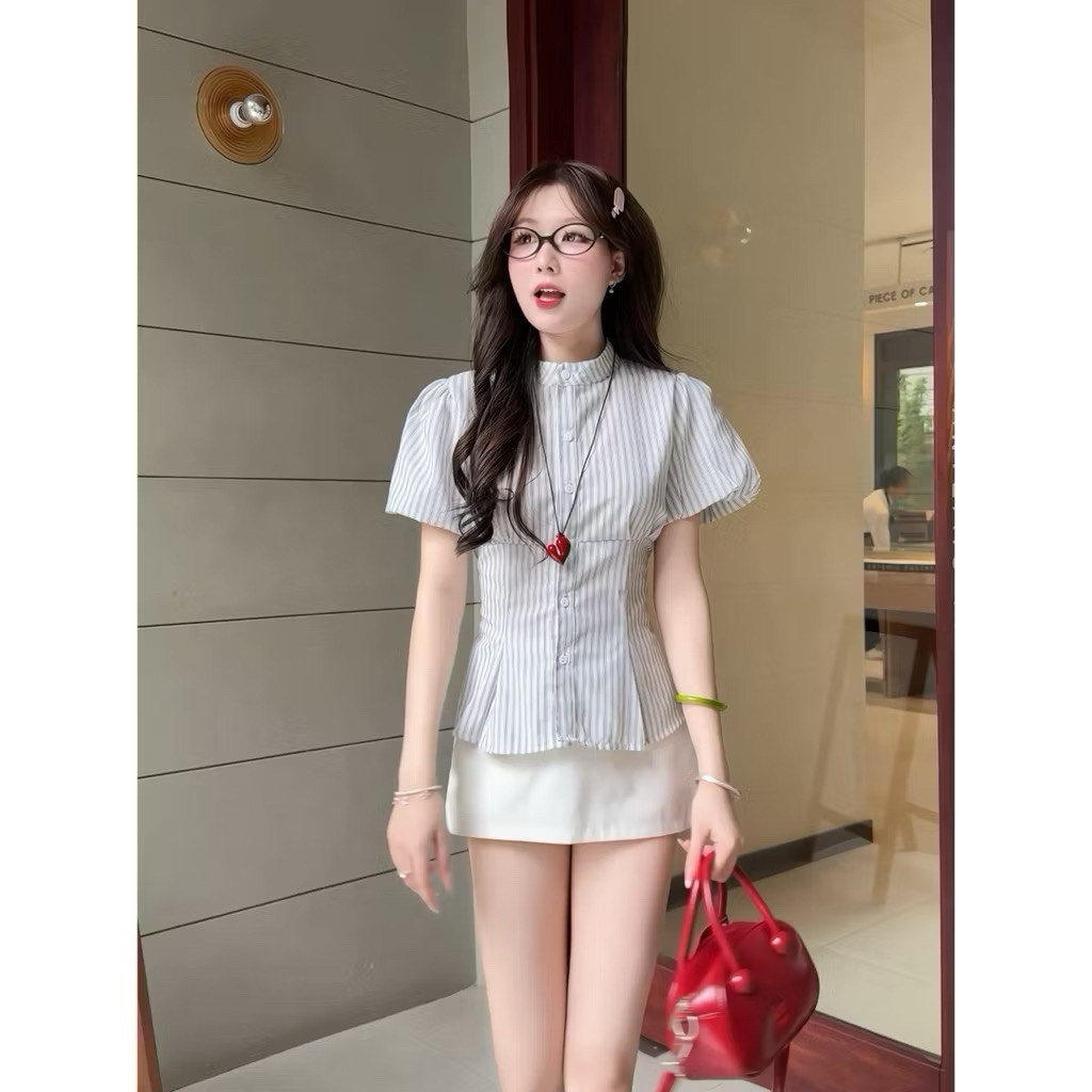 Áo sơ mi cổ tàu KENCO chiết eo kẻ linen xinh tay phồng - A9067