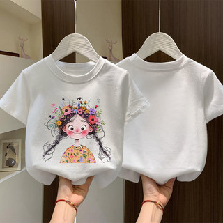 Áo thun in hình mèo dễ thương và bé gái, kiểu dáng hoạt hình thời trang, cổ tròn.