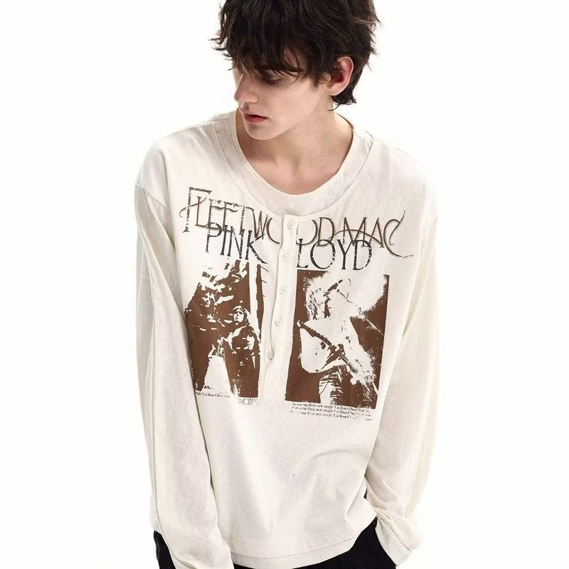 Áo thun dài tay Henley in họa tiết cổ điển kiểu Mỹ