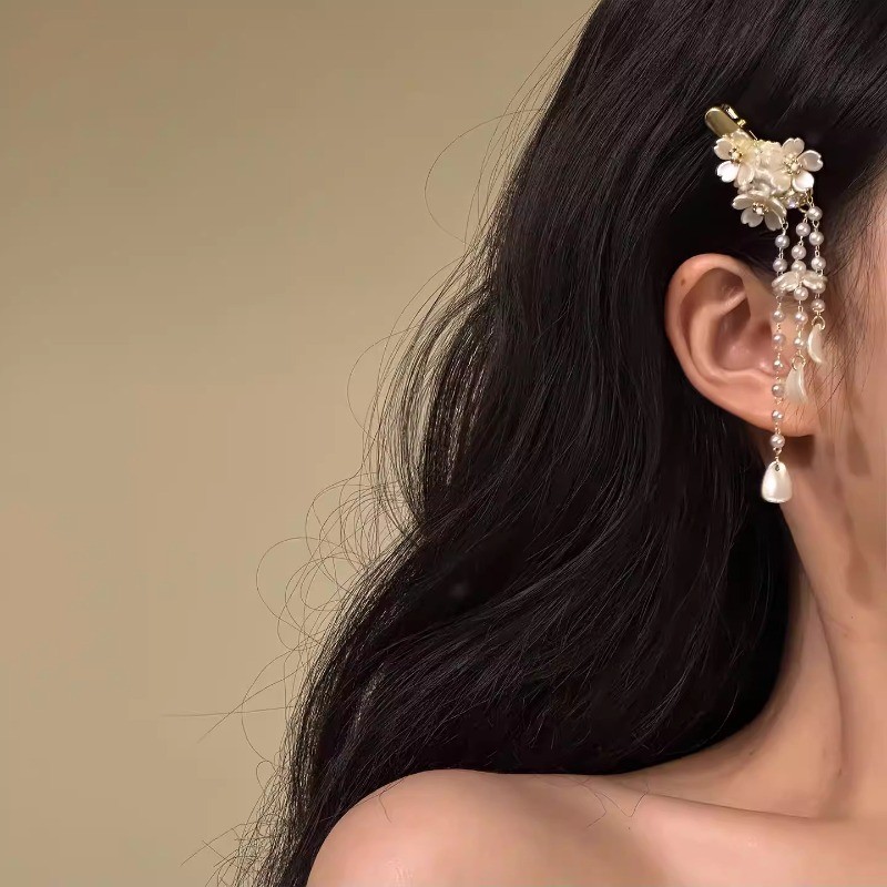 Kẹp tóc nữ thiết kế hoa anh đào trắng và mặt trăng, tua dài, phong cách mùa xuân
