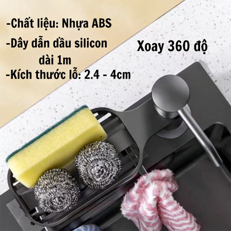 Bộ Vòi Bơm Nước Rửa Chén Bằng Nhựa ABS Cao Cấp - Kèm Kệ Đựng Đồ, Tự Động Hút Dầu, Ống Dẫn Silicon Dài 1.2m