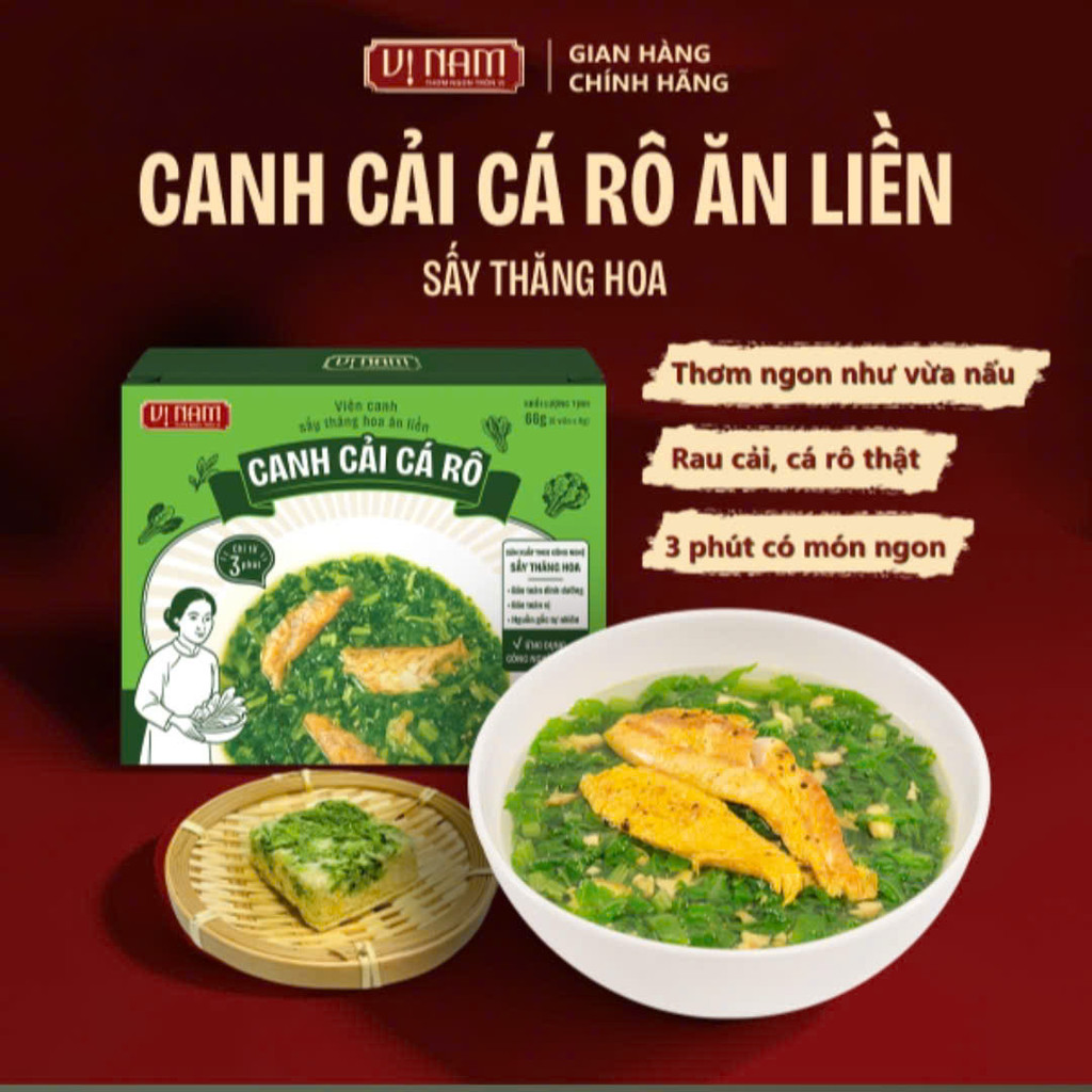 Canh Cải Cá Rô Sấy Thăng Hoa Ăn Liền Vị Nam - Hộp 6 viên - Canh lười, Tiện ích, Đậm vị Thơm ngon