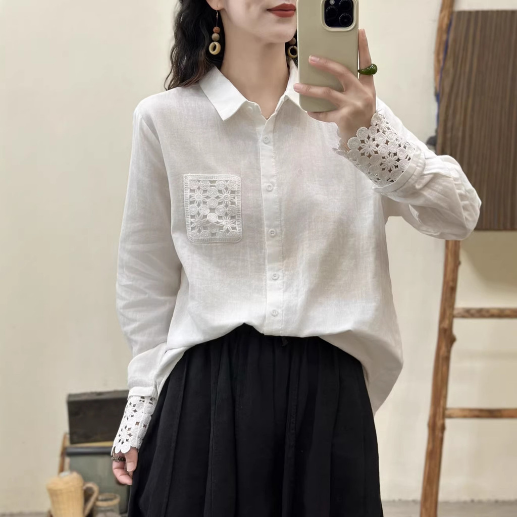 [Hàng có sẵn] Áo sơ mi nữ 100% cotton và ren, chất lượng cao, phù hợp mùa xuân
