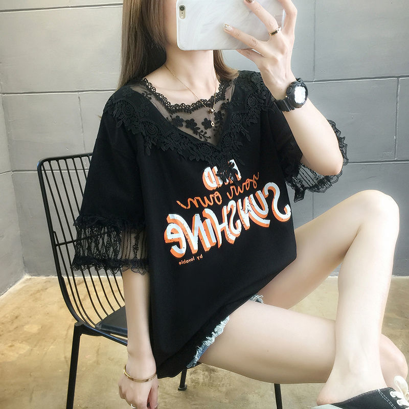 Áo thun ren tay ngắn cỡ lớn dành cho nữ, mặc mùa hè, dáng rộng, trẻ trung và phong cách, có thiết kế phối vải.