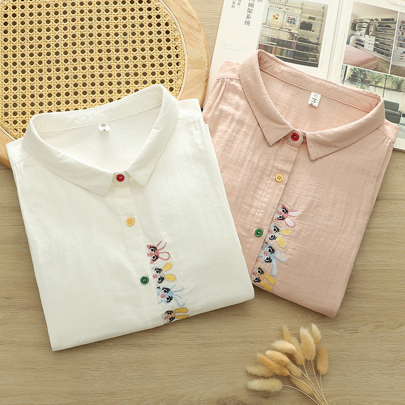 [Sẵn Sàng] Áo Sơ Mi Nữ Sợi Cotton Cao Cấp Mùa Hè Placket Thêu Hình Thỏ Tay Ngắn