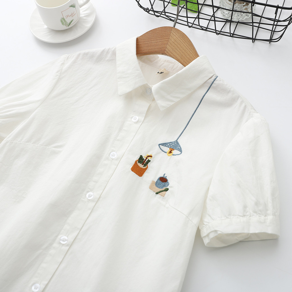 [Áo Sơ Mi Nữ Mùa Hè] Cotton cao cấp, thiết kế thêu trắng tinh tế
