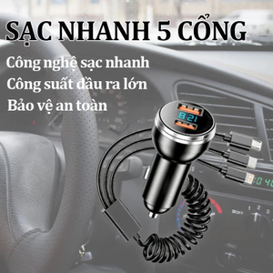 Bộ sạc ô tô đa năng 5 trong 1, kèm dây sạc 3 đầu, tương thích cao, dùng cho điện thoại, máy tính bảng, máy ảnh