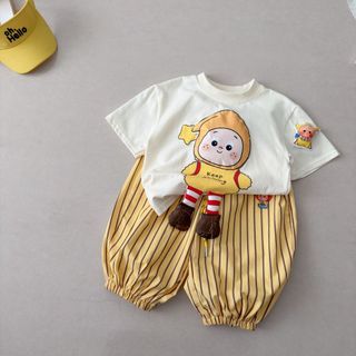 Bộ đồ cho bé - áo thun tay ngắn in hình 3D + quần sọc dáng rộng dễ thương thoáng mát mùa hè