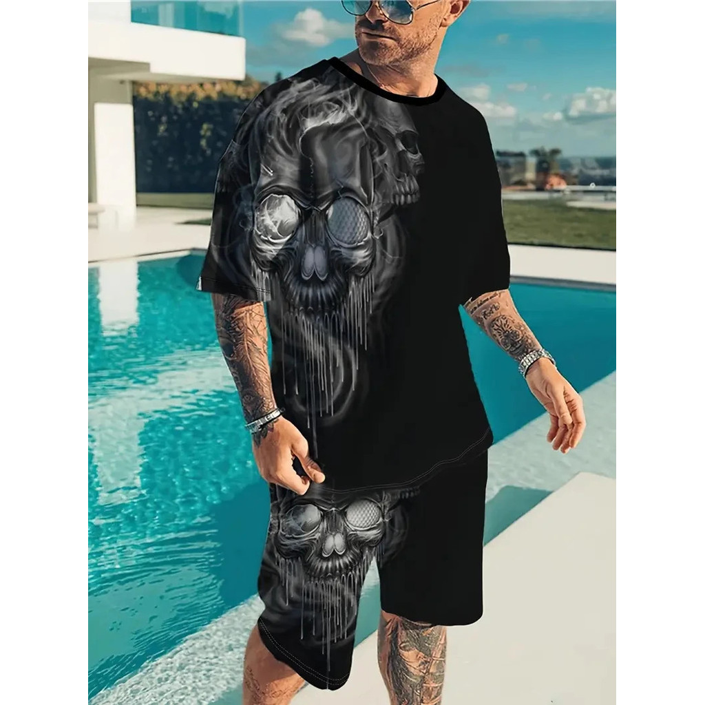 Bộ đồshort ngắn tay in họa tiết đầu lâu, phong cách unisex, đơn giản và thoải mái