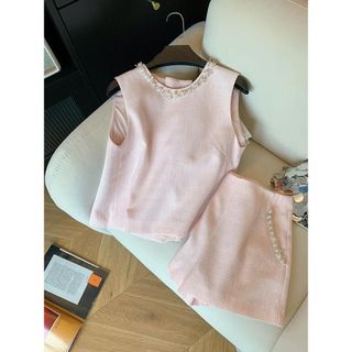 Set áo quần nữ tweed hồng, đính ngọc trai sang chảnh HB.Studio S127