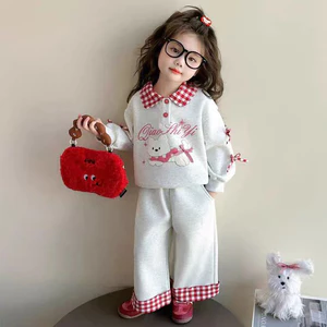 Bộ Áo Sơ Mi Bé Gái Mùa Thu Đông Lót Lông Cừu Dày Màu Phù Hợp Với Nơ Quần Ống Rộng 80-150 Kích Thước O5H