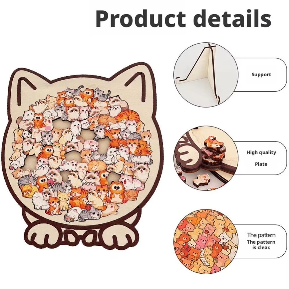 Mảnh ghép hình gỗ không đều hình mèo thú, trang trí nhà & trò chơi, quà tặng TPKSF98