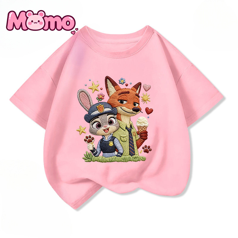 Zootopia Họa Tiết Hoạt Hình In Hình Bé Trai Và Bé Gái Cùng Phong Cách Thời Trang Tay Ngắn Cổ Tròn Trẻ Em Top
