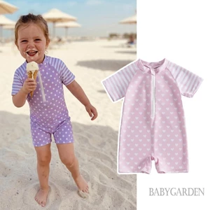 6M-4Y Tập Đi Bé Gái Đồ Bơi Mùa Hè Tay Ngắn Cổ Tròn Chấm Sọc In Dây Kéo Phía Trước Đồ Bơi Dễ Thương