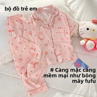 Bộ đồ ngủ cho bé – Áo cài nút tay ngắn quần dài cotton, hình Hello Kitty dễ thương