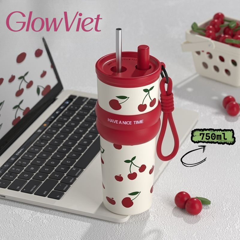 750ml Bình Giữ Nhiệt Inox 316, Hình Quả Cherry, Giữ Nhiệt 6h Tay Cầm Ống Hút In, Giữ Nhiệt 6h Cho Văn Phòng