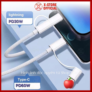 Cáp sạc 2 đầu Type C và LN, dây sạc nhanh PD 60W bọc dù, sạc cho điện thoại thông minh - DSCTC+L