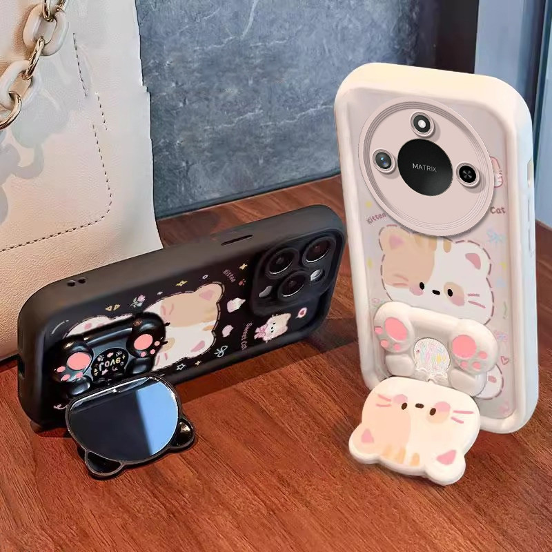 Ốp điện thoại 3 trong 1 honor X9C 5G X9A X9B X9D X9 X9C SMART 5G Vỏ mềm thiết kế mới thẩm mỹ gương trang điểm mèo dễ thương có giá đỡ & dây buộc cho bé gái JTDTMZJ01