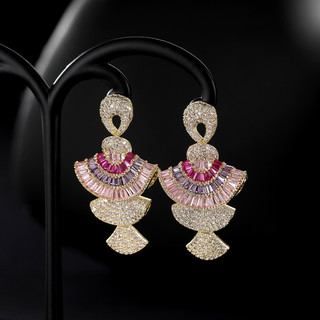Công nghiệp nặng - Bông tai bạc S925 với zircon nhiều màu sắc, thiết kế ba chiều dạng quạt