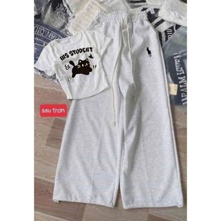 Sét quần ống rộng da cá dài THÊU NGỰA  xám tiêu + phối áo thun CROPTOP nơ -thuba94