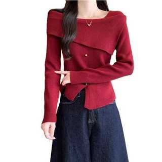 Áo Len Dệt Kim Màu Đỏ Thu Đông, Cổ Vuông, Đáy Top