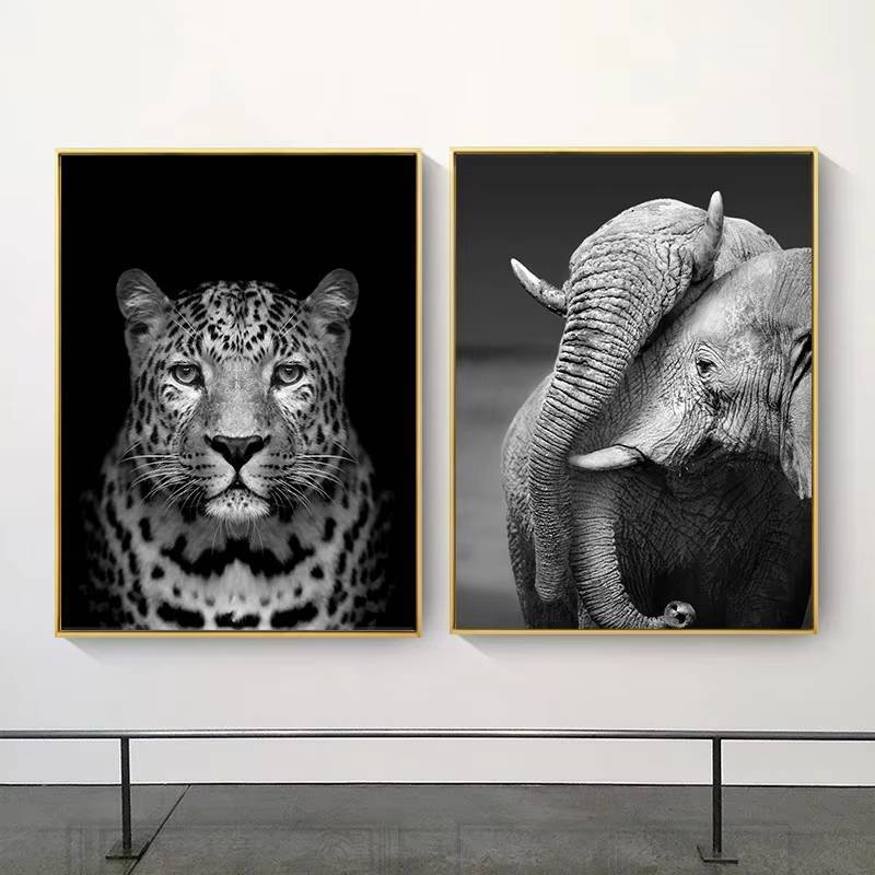 Bắc Âu Đen Trắng Động Vật Canvas Tranh Sư Tử Voi Hươu Ngựa Vằn Nghệ Thuật Nhà Trang Trí Tường Canvas Poster