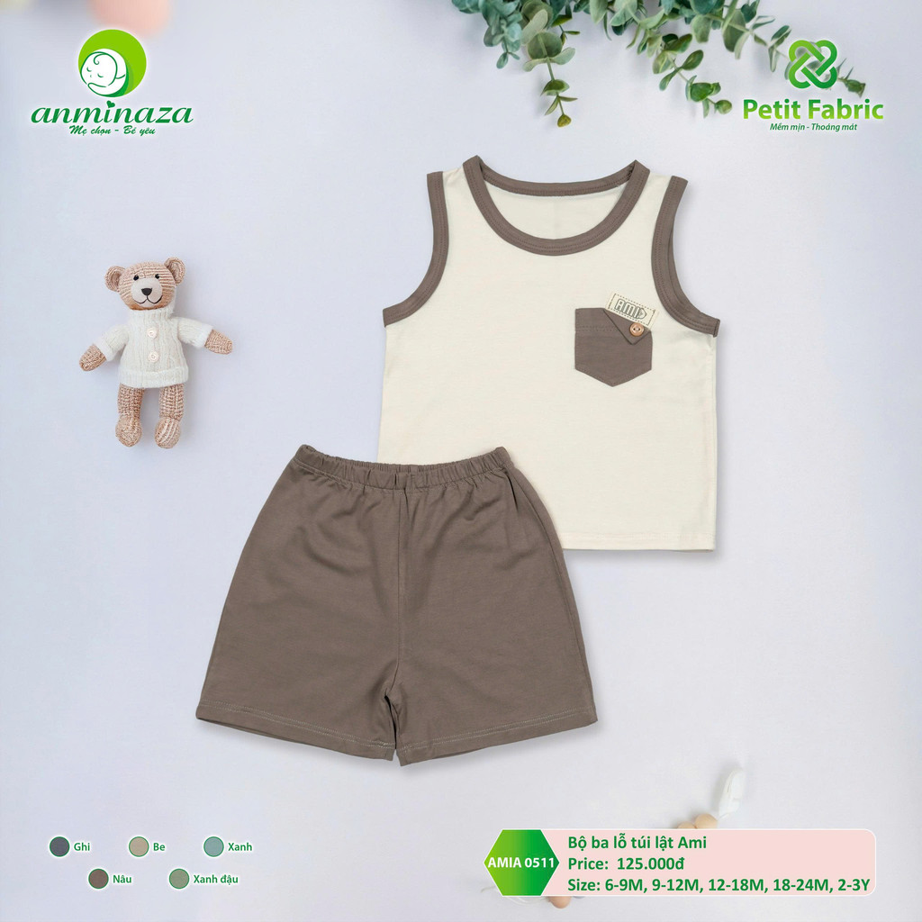 Bộ Ba Lỗ Túi Lật Bé Trai Anminaza Vải Sợi Petit Thoáng Mát Thấm Hút - Hàng Chính Hãng AMI0511
