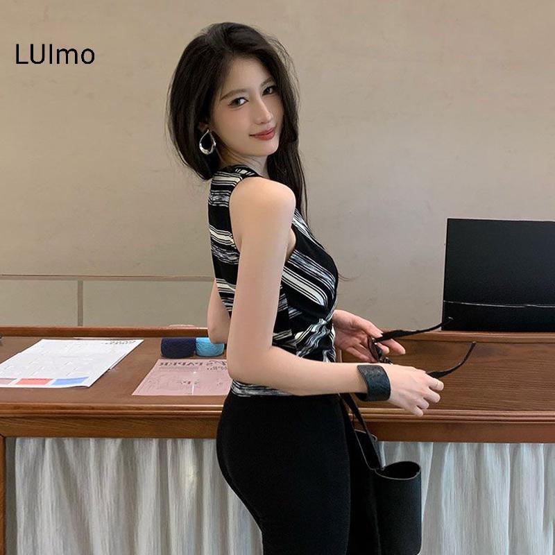 LUImo Áo sơ mi nữ retro sọc vest pleats mỏng dệt kim không tay