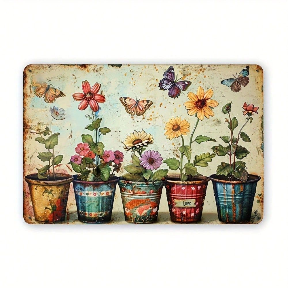 CIFbuy Vintage Kim Loại Trang Trí Tường Ký Hiệu Với Chậu Hoa Bướm, Mộc Mạc Sắt Chịu Thời Tiết Trong Nhà Ngoài Trời Treo