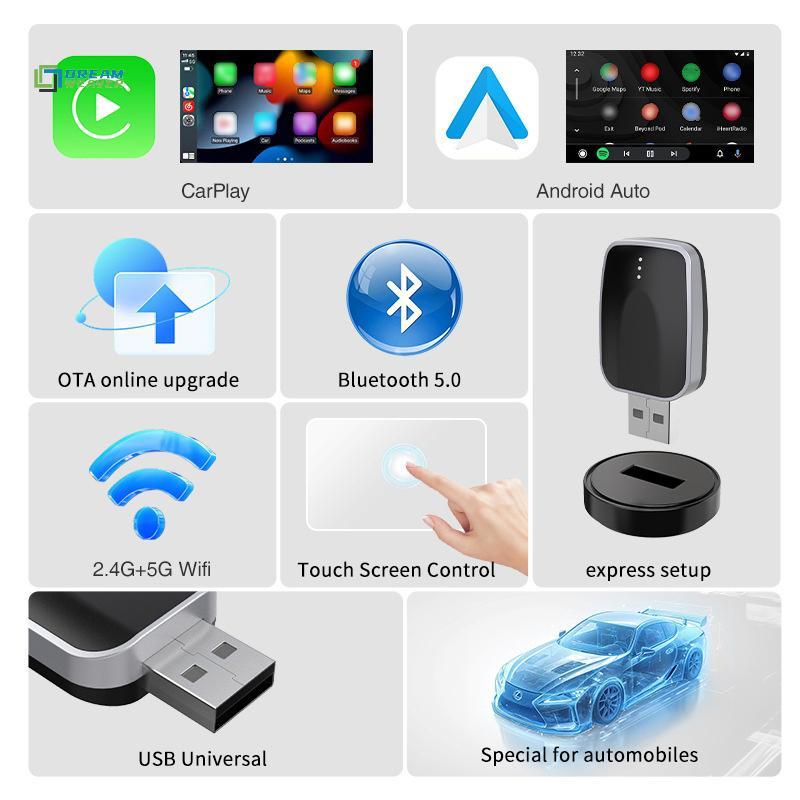 [Dream Weaver] Bộ chuyển đổi tự động CarPlay Android không dây 2in1 AI Mini Box Plug & Play Kết nối tự động có thể điều chỉnh với 99% ô tô cho đài phát thanh ô tô mới