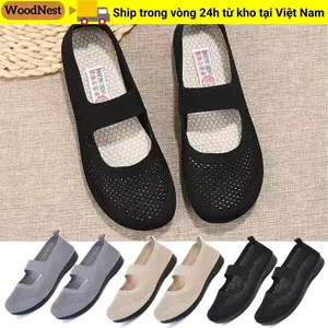 Giày bệt lưới rỗng WOODNEST mũi vuông, đế mềm thoáng khí, lười thời trang, gập gọn, cho mẹ, thường ngày nữ