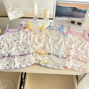 Mùa Hè Bé Gái Sling Hoa Homewear Ice Silk Mỏng Hoạt Hình Phong Cách Phương Tây Bộ Đồ Hai Mảnh 80-140 Size 6ZF5