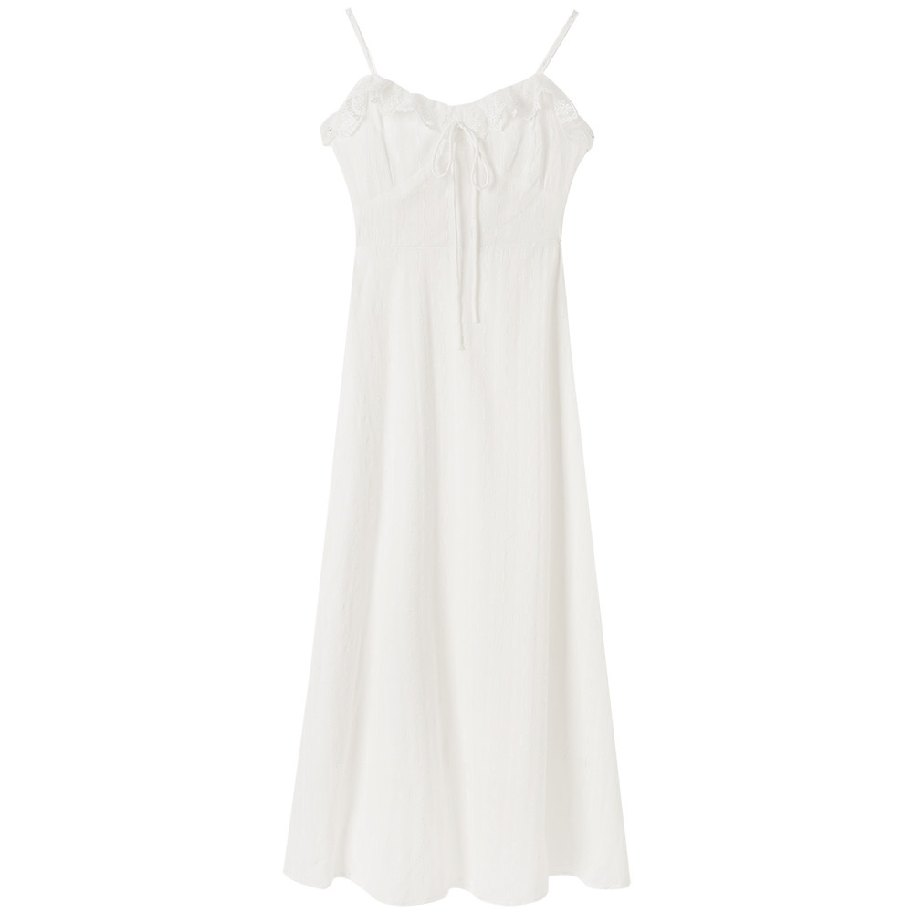MUTU | Đầm chữ A bé gái mùa hè với ren trắng viền và eo cinched, style vintage cao cấp