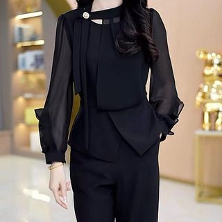 Set bộ nữ thanh lịch sang trọng,áo voan tay dài thời trang,Phong cách công sở thanh lịch,Phù hợp đi làm, đi tiệc