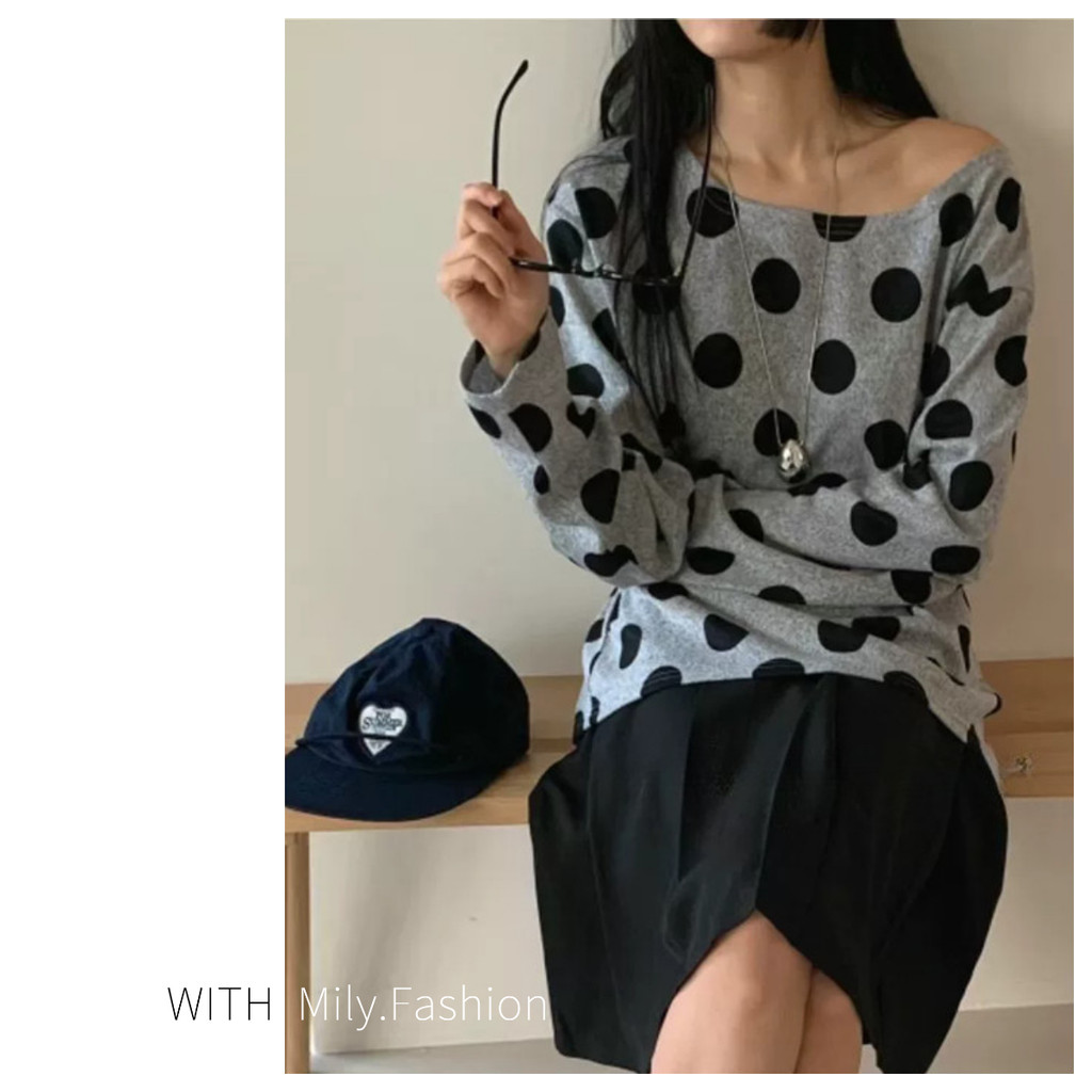 Milyfashion Rời Kích Thước Lớn Thường Ngày Thu Đông Phong Cách Mới Top Nữ Phù Hợp Với Lười Chấm Bi In Hình Cổ Tròn Áo Chui Đầu Đeo Vai Dài Tay