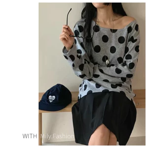 Milyfashion Rời Kích Thước Lớn Thường Ngày Thu Đông Phong Cách Mới Top Nữ Phù Hợp Với Lười Chấm Bi In Hình Cổ Tròn Áo Chui Đầu Đeo Vai Dài Tay