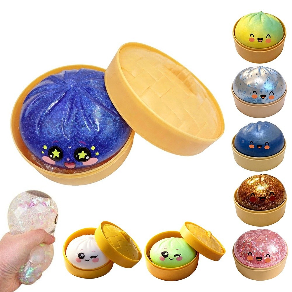 HOBBYIN Bánh bao Đồ chơi Squishy, Bun nhồi bông mềm lấp lánh Squishy Pinch Le, Quà tặng Khả năng phục hồi chậm với Steamer Fidget Squishy Đồ chơi để giảm lo âu căng thẳng