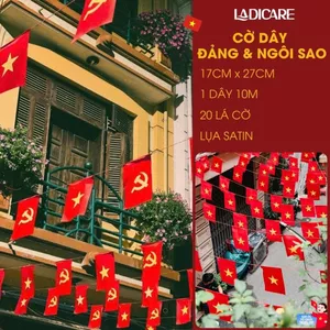 Cờ Dây Tổ Quốc & Sao Đảng Lụa Satin Dày Đẹp In 2 Mặt Sắc Nét Chịu Nắng Mưa, 10M x 20 Lá Cờ Trang Trí Ngày Lễ 30/4 - 2/9