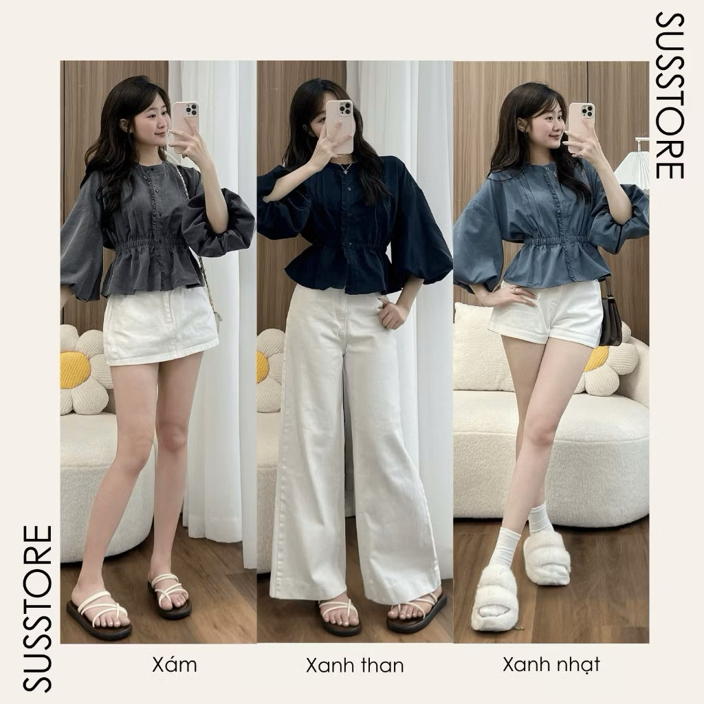 Áo Sơ Mi Xếp Li Trước Cúc Dọc Viền Bèo Chun Eo Tay Bồng A7216