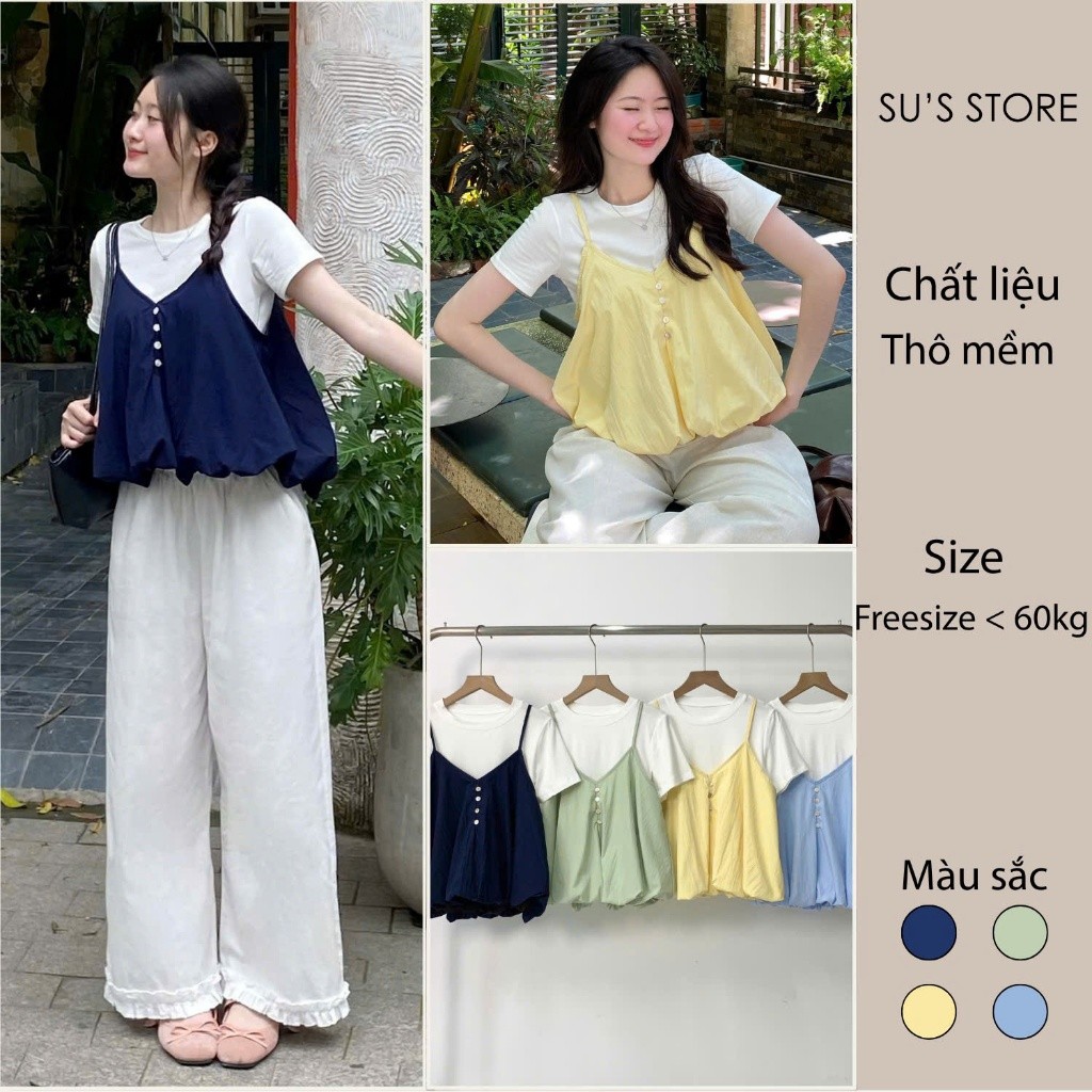 Set Yếm Nữ 2 Dây Dáng Bí Cúc Dọc Kèm Áo Thun Trơn (Có Bán Lẻ Yếm)  S85507 Thời Trang Nữ