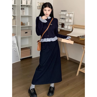 Set Áo Len Vặn Thừng Phối Bèo Kẻ Dập Ngọc Mix Chân Váy Dáng Dài Kèm Nơ Siêu Xinh