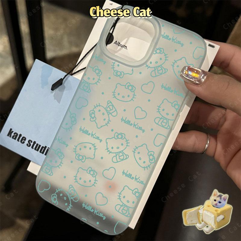 dòng mèo Kitty Ốp điện thoại màu xanh mờ cho iPhone 15 16 11 12 13 14 17 Pro Max 7 Plus XR Xs Max