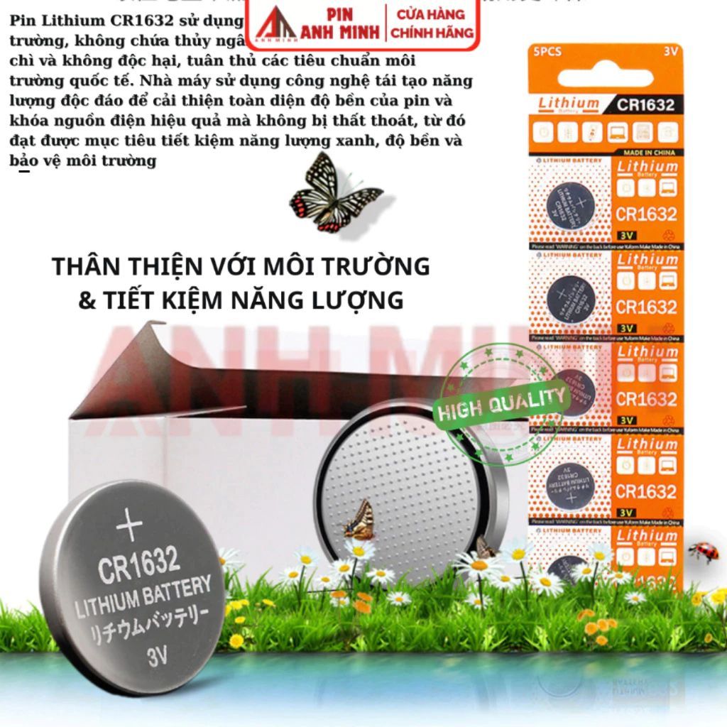 Vỉ 5 Pin Cúc áo CR1632 CR2032 3V pin chất lượng giá rẻ cho Cảm biến Áp xuất lốp Smartkey thiết bị y tế