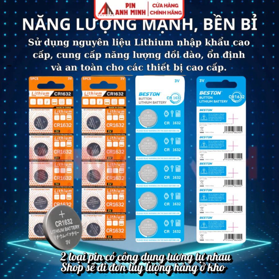 Vỉ 5 Pin Cúc áo CR1632 CR2032 3V pin chất lượng giá rẻ cho Cảm biến Áp xuất lốp Smartkey thiết bị y tế